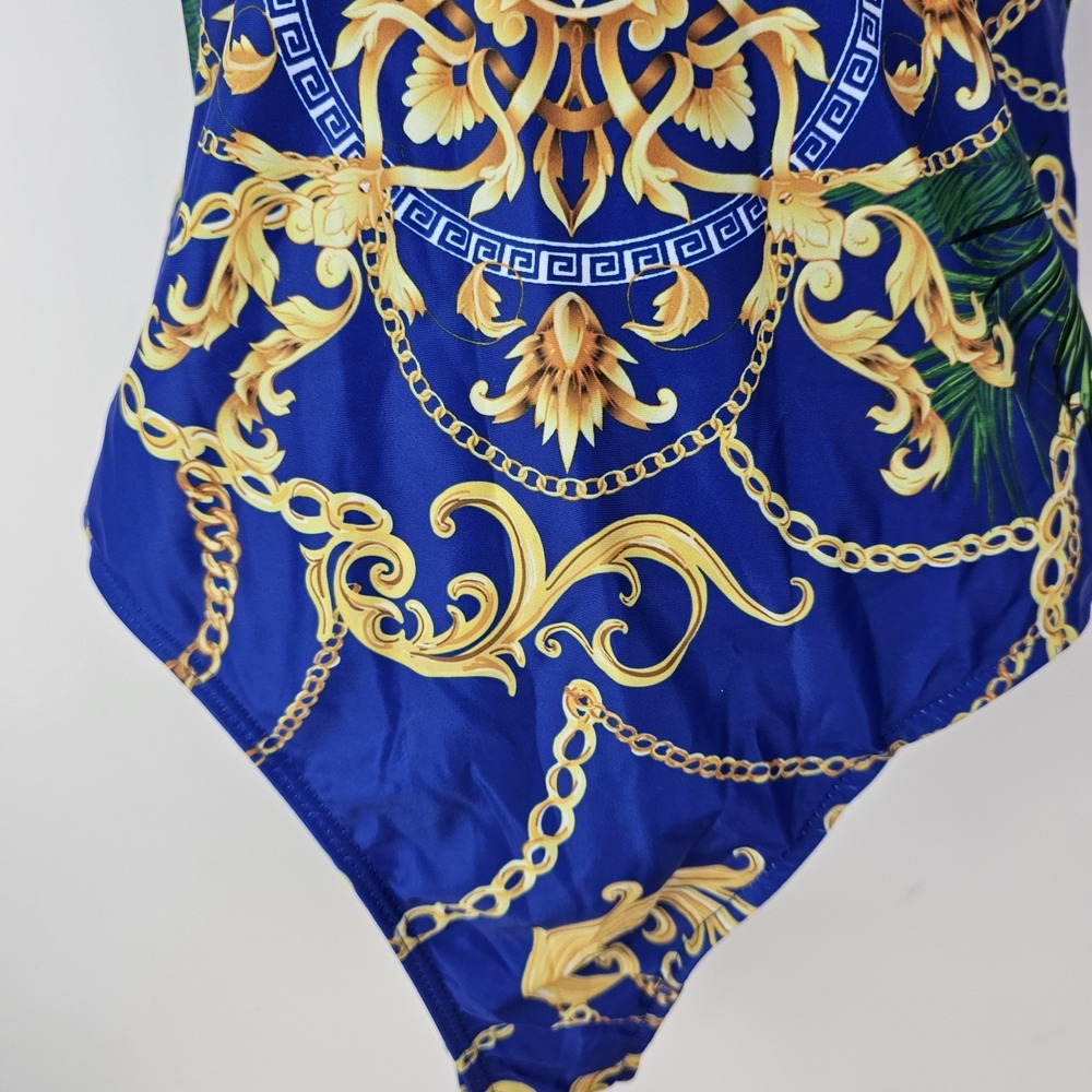 Ladies Blue Gold Swimsuit and Cover Up Sarong Tropical XL One Piece Bathing Suit - Picture 5 of 9